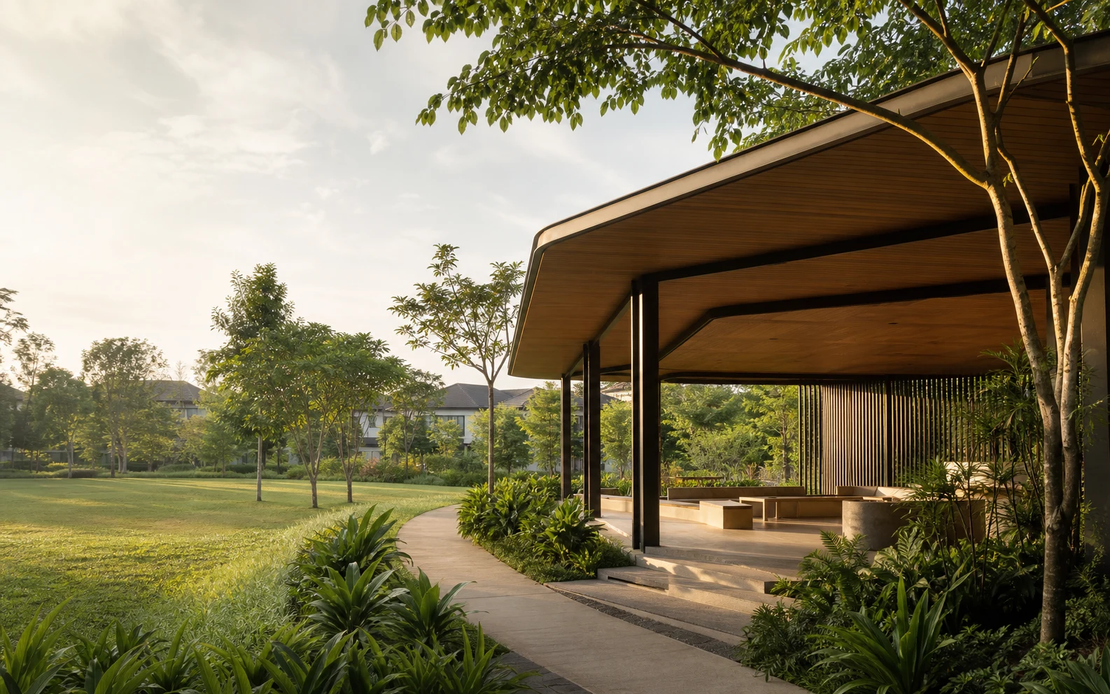 Conceptual placemaking visualization of a landscaped community pavilion