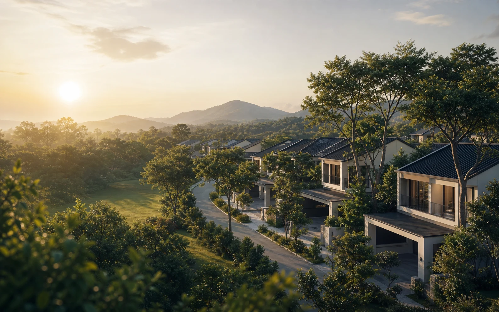 Conceptual architectural visualization of a tropical residential neighbourhood